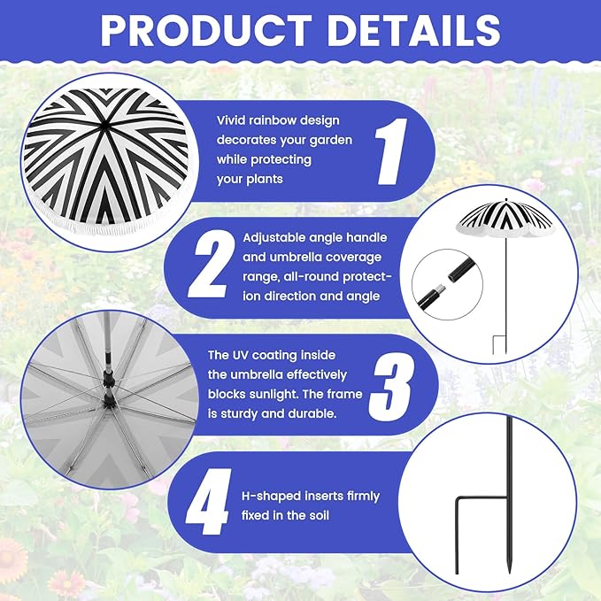 Abbylike 2 Pack Plant Umbrellas for Outdoor Plants, 26" Larger Tassel Garden Umbrella Sun Shade, Upgraded 43.3" Higher Adjustable Angle Sun Shade Cover Umbrellas for Garden Potted Flower
