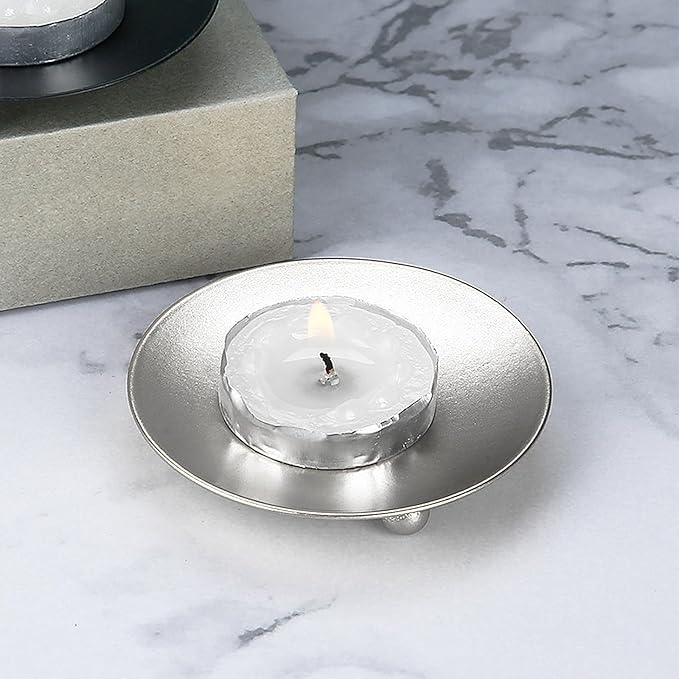 Candle Holder Decorative Iron Plate,Candle Stand for LED & Wax Candles,Spa,Bathroom,Weddings,4.33x0.78inch,Set of 4 (Silver)