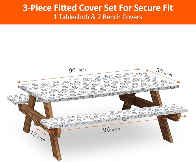 KENOBEE 8ft Picnic Table and Bench Cover, Camping Essentials RV Gear, 96 in Waterproof Windproof Outdoor Elastic All Around Tablecloth, Fitted Rectangle Tables and Seats, Blue Flywheel