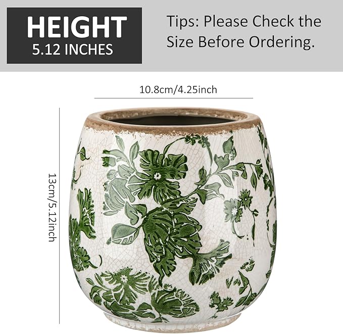 Vintage Ceramic Flower Pot with Ice Crackle Rustic Planter with Drainage Holes for Indoor and Outdoor Decor Home Living Room Garden Decor Gardening Gift(Vintage Green Style)