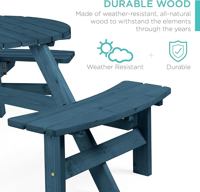 Best Choice Products 6-Person Circular Outdoor Wooden Picnic Table for Patio, Backyard, Garden, DIY w/ 3 Built-in Benches, 500lb Capacity - Harbor Blue