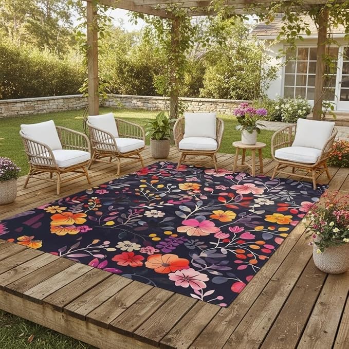 Washable Waterproof Floral Print Indoor Outdoor Rug 10x14 Black Pink Yellow Flowers Outdoor Area Rug for Garden Porch Patio Deck Camping Boho Floral Deco Balcony Pool Bedroom Low Pile Carpet Floor Mat