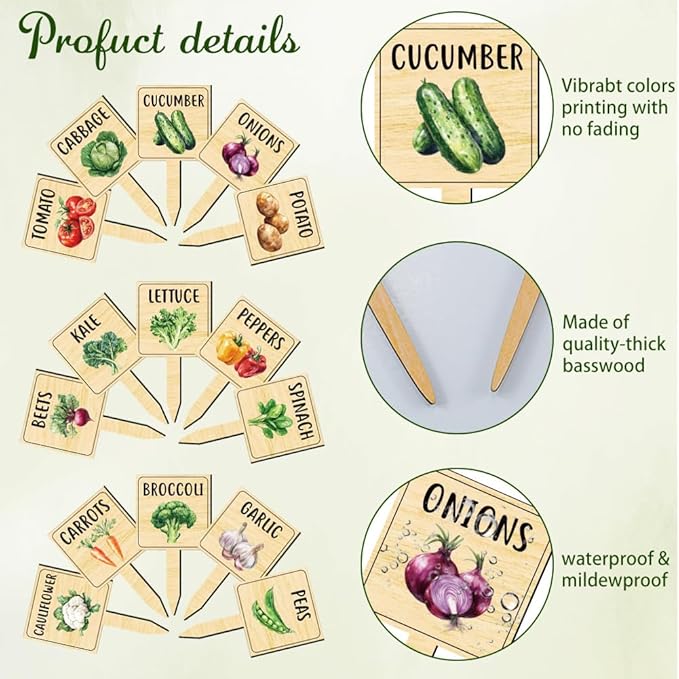 arricraft 15 Pcs Watercolor Vegetable Plant Labels, Wooden Markers T Type Tags Garden Labels with Printed Pattern Wood Garden Stakes for Indoor and Outdoor Potted Vegetable Seed