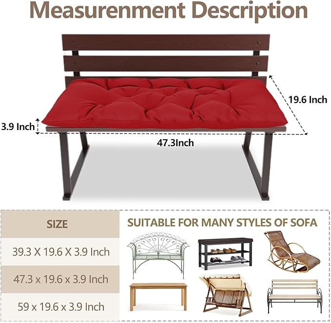 47.3 in Waterproof Indoor/Outdoor Garden Bench Seat Cushions，Thicken Patio Bench Soft Rocking Chairs Pad Lounger Seat for Wicker Loveseat Settee（47.3 X 19.6 X 3.9 inch，Red ）