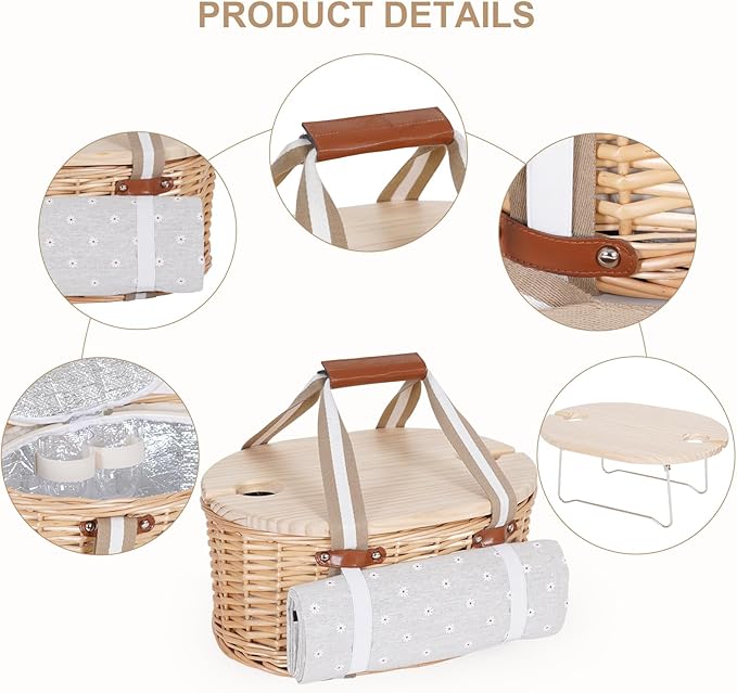 Picnic Basket Set for 2 - Wicker Insulated Picnic Basket with Waterproof Blanket, Folding Wine Picnic Table & Cutlery Kits, Picnic Baskets Kit for Camping, Outdoor, Valentine (White Flower)
