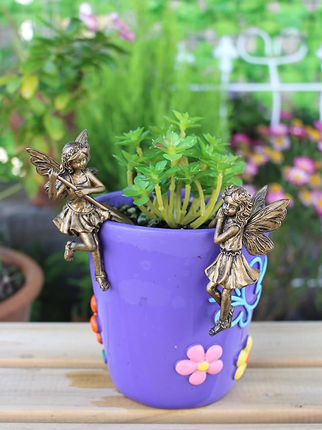 2-Pieces Asymmetrical Flower Fairy Pot Clip Pair, Vintage Bronze Finish Resin Garden Decor for Patio Planters, Outdoor Container Accent Statues