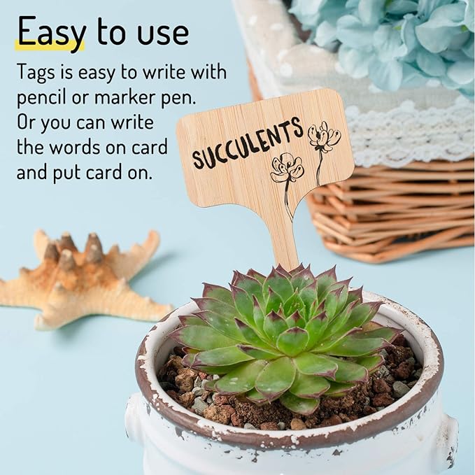 Whaline 30Pcs Bamboo Plant Labels with A Marker Pen, T-Type Wooden Plant Marker Garden Sign Tags Garden Markers for Seed Potted Herbs Flowers Vegetables (6 x 10 cm)