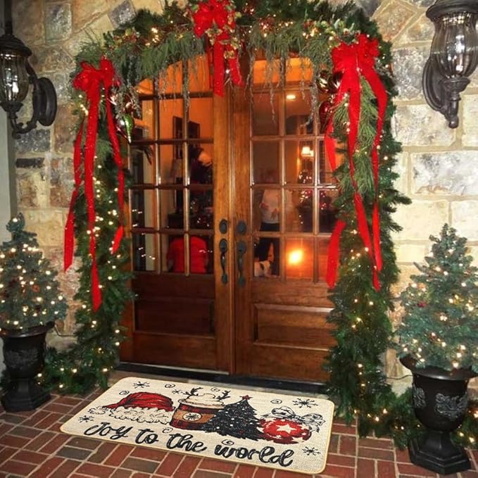 Christmas Welcome Doormat，Winter Outdoor Santa Hat Coffee Xmas Tree Rug Decor Floor Front Door Mat Non-Slip Entrance Mat for Home Kitchen Bathroom Decorations 17 X 29 Inch