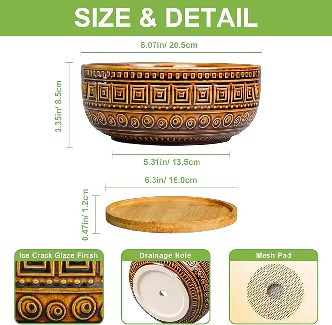 G EPGardening Bonsai Pots- 8 Inch Ceramic Succulent Planter with Drainage and Plant Saucer, Shallow Round Planter Bowl for Indoor Plants Flower, Boho Room Decor, Birthday Gifts, Brown