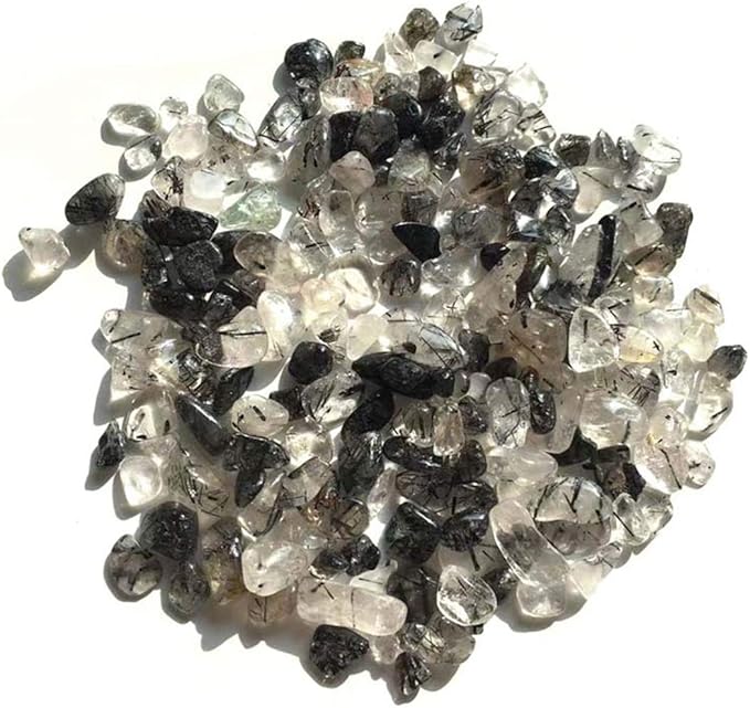 IMALY Black Rutilated Quartz Tumbled Chips Stone Polished Crushed Healing Crystal Quartz Pieces Irregular Shaped Stones for Home Decorative Stones Vases Plants Succulents 0.5lb