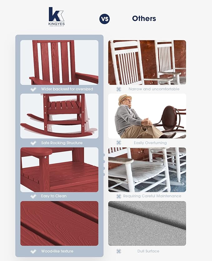 KINGYES Outdoor Rocking Chair, All-Weather Patio Rocking Chairs for Porch, HDPE Rocking Outdoor Chairs with High Back for Adult, Heavy Duty Outdoor Patio Rockers for Garden, Lawn, Red