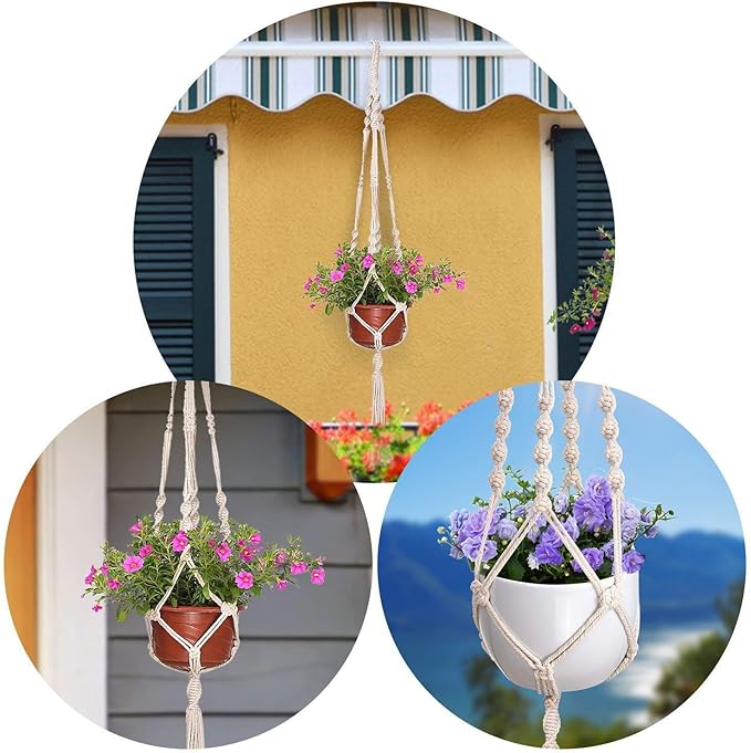 MIPON 3 Pack Macrame Plant Hanger Indoor Hanging Planter for Plants Holder with 3 Hooks,46"/41"/34" Size for Boho Home Decor,Ivory(POTS NOT Included)