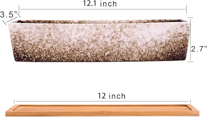ARTKETTY Succulent Pots - 12.1 Inch Large Succulent Planters with Drainage Tray, Long Rectangle Ceramic Pot for Indoor Cactus/Succulent Plants Shallow Bonsai Window Box for Home Garden Decor (White)