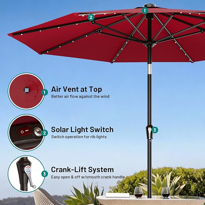 AreShark 9FT Patio Umbrella with Solar Lights, 32 LED Lighted Pool Umbrella w/Tilt and Crank, Outdoor Market Solar Umbrellas for Garden, Deck, Backyard, Pool and Beach, Dark Red