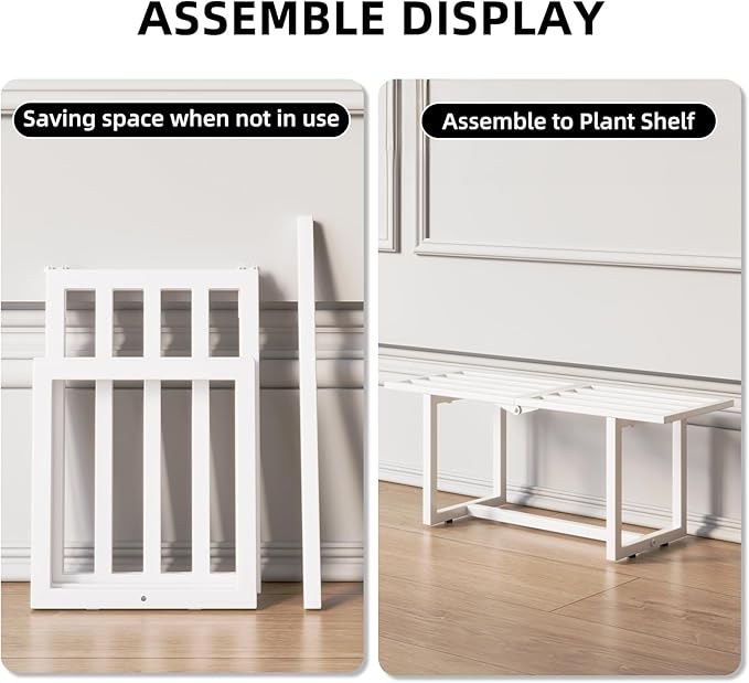 2 Pack Metal Plant Stand, Foldable Heavy Duty Indoor, Window Iron Plant Shelf - Mid Century Modern Slatted Bench for Patio, Garden, Living Room Load Bearing 330 lbs 26" L x 10.4" H x 8.6" W 1 Tier White