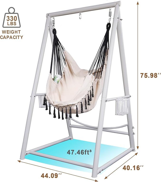 Hammock Chair Hanging Rope Swing & Stand Set with Two Holders, Heavy Duty Hanging Stand with Three Hooks, Multi-Use for Indoor Outdoor Patio Yard Garden(White & Khaki)