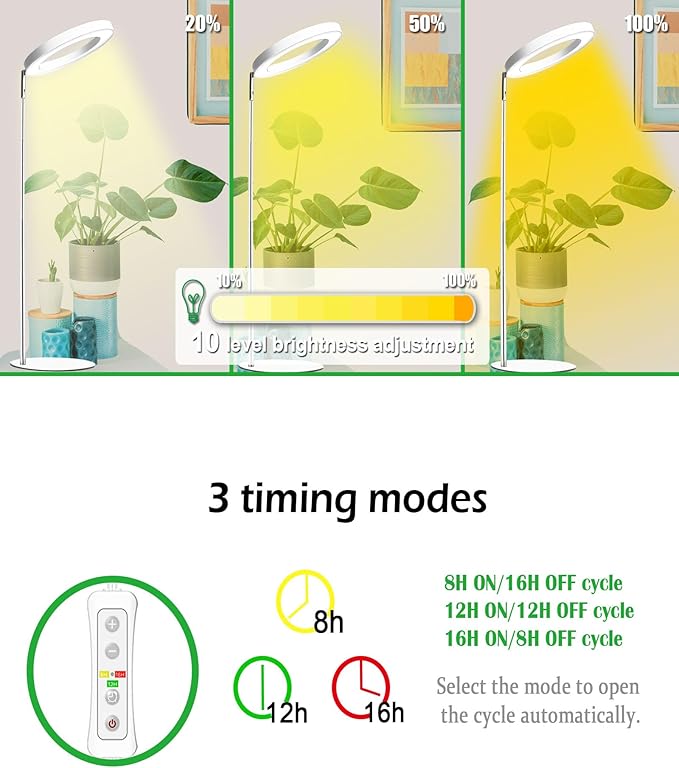 Yadoker 72 LEDs Full Spectrum Plant Grow Light for Indoor Plants，Height Adjustable, 6.3" Aluminum Housing,Automatic Timer with 8/12/16 Hours,10-Level Brightness,White Plant Light,1Pack