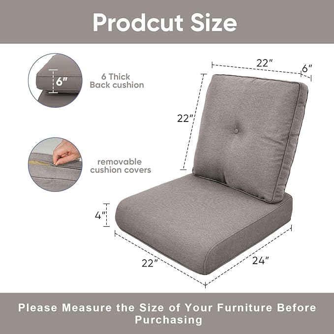 Outdoor Wicker Chair Cushions 2 Packs - Outside High Back Thick Water-Resistant Cushion 22x24 with Zipper Cover for Patio Glider Rocking Chairs Loveseat Couch – Grey/Buckle