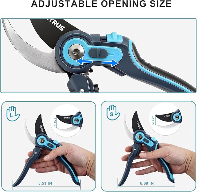 CYRUS Adjustable labor-saving Pruning Shears, Garden Shears with Non-Stick Carbon Steel Blade, 0.866 Inch Cutting Diameter, Safety Lock & Anti-Slip TPR Handle for Gardening, Flower Trimming