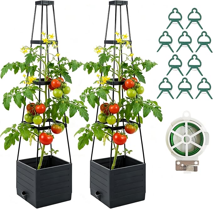 2 Pack Raised Garden Bed Planter Box with Trellis, 57'' Self Watering Tomato Planters for Climbing Plants, Tomato Cage Trellis for Vegetables & Vine Flowers Indoor Outdoor Patio