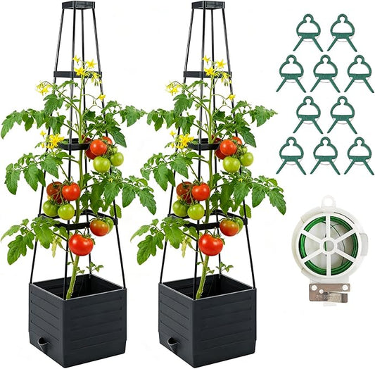2 Pack Raised Garden Bed Planter Box with Trellis, 57'' Self Watering Tomato Planters for Climbing Plants, Tomato Cage Trellis for Vegetables & Vine Flowers Indoor Outdoor Patio