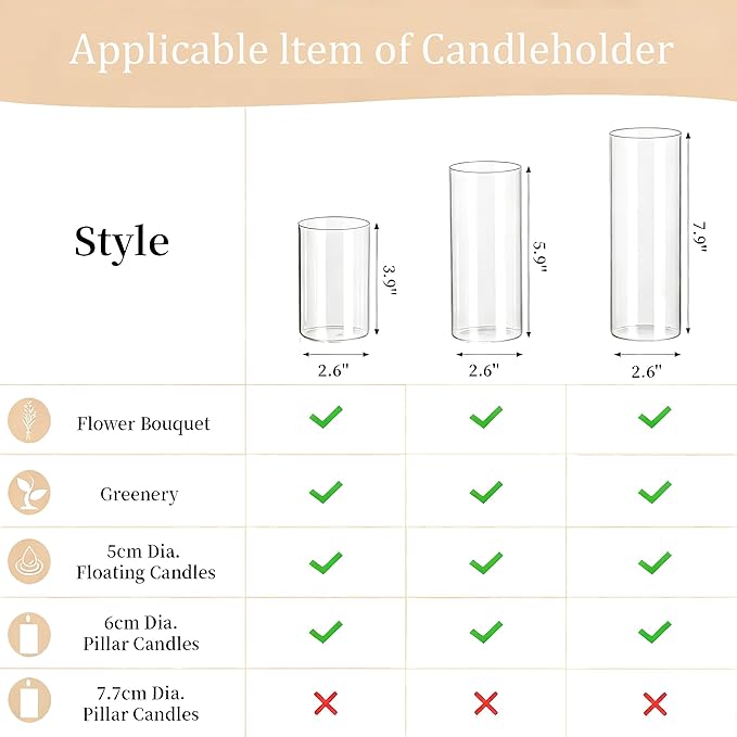 Glasseam Hurricane Glass Candle Holders Set of 6,Clear Cylinder Candle Holders for Pillar Candles,Modern Floating Candles for Centerpieces Vases,Candle Holders for Table Centerpiece,4''+6''+8'',2.6in