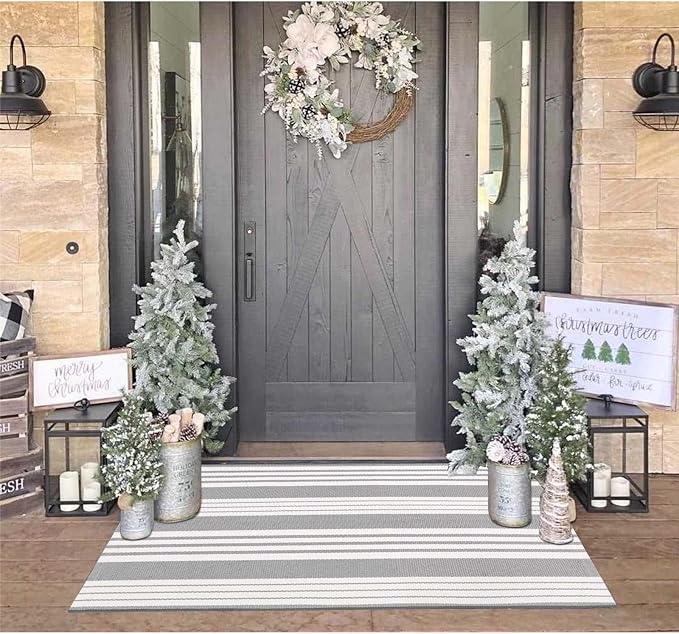 OJIA Entryway Rug 3'x5' Cotton Hand Woven Front Door Mat Outdoor Doormat Machine Washable Outdoor Rugs Grey and White Striped Entry Rug Porch Rugs for Farmhouse/Bedroom/Home Entrance Decor