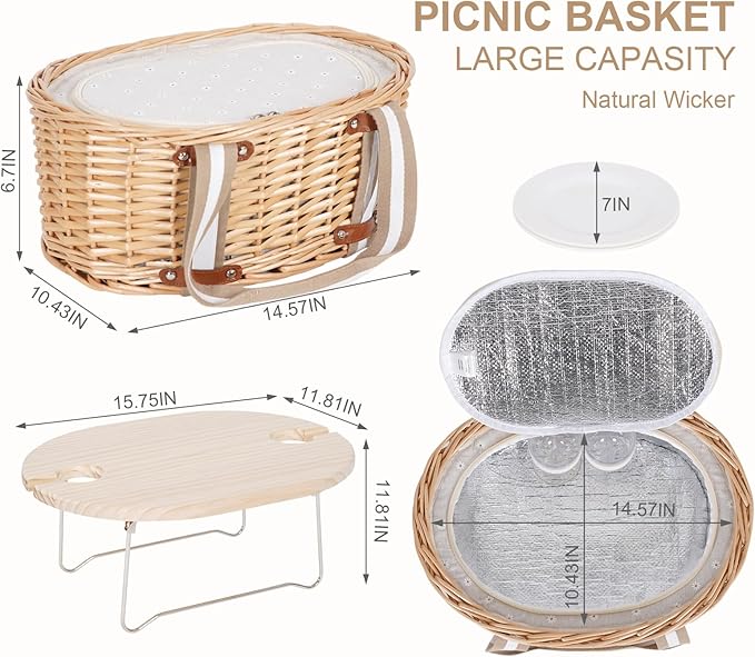 Picnic Basket Set for 2 - Wicker Insulated Picnic Basket with Waterproof Blanket, Folding Wine Picnic Table & Cutlery Kits, Picnic Baskets Kit for Camping, Outdoor, Valentine (White Flower)