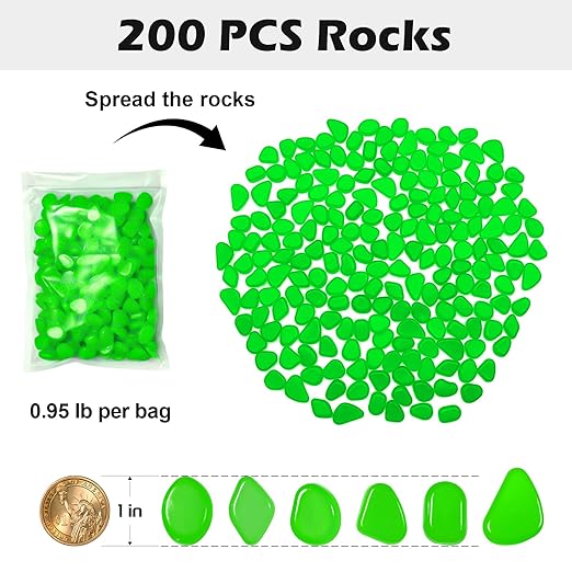 Glow in The Dark Rocks Outdoor, 200 pcs Green Solar Rocks for Landscaping, Outdoor Decor Glow in The Dark Stones, Glowing Pebbles for Garden Backyard Patio Lawn Pond Fish Tank Aquarium Decor