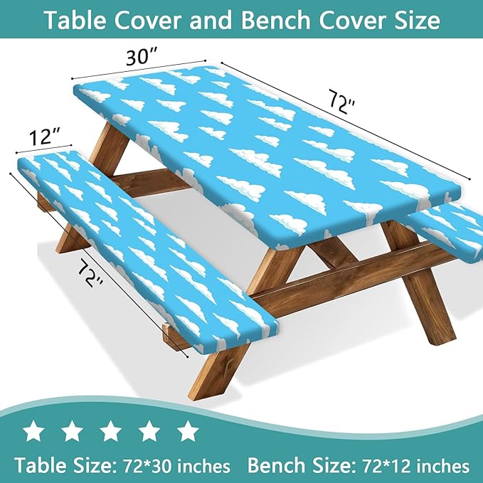Picnic Table Cover with Bench Covers and Bag, Outdoor Waterproof Windproof Tablecloth with Elastic Edges, Camping Accessories RV Gear Campers 3 Pcs Set, 72X30in Blue Sky Cloud