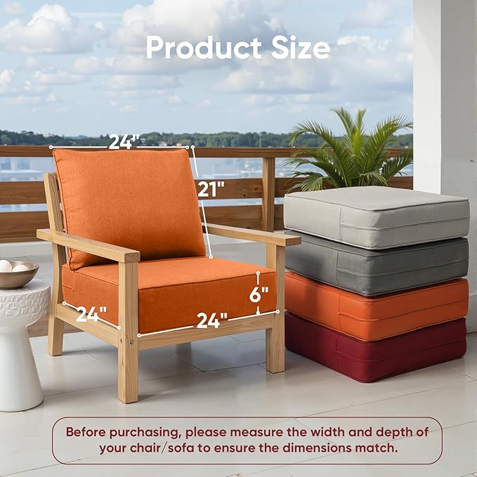 Outdoor Chair Cushion Set, 24x24 Waterproof Patio Chair Cushion, 6" Thickened Seat Cushion for Outdoor Chair and Couch, Include 1 Back & 1 Seat Cushion, Thick/Orange