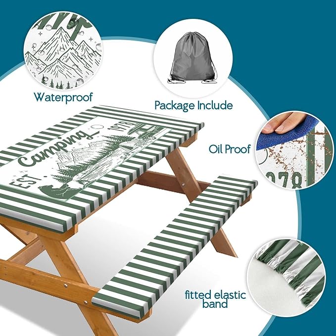 3PCS Picnic Table Cover with Bench Covers Green Stripe Bear Pattern Camping Tablecloth Fitted Picnic Picnic Table Cover with Elastic Windproof Waterproof, Outdoor Camping Accessories 72IN