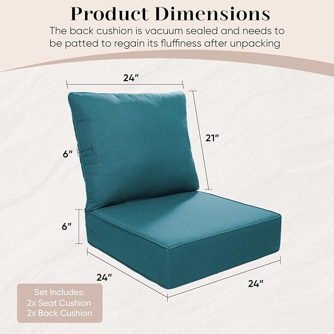 Outdoor Seat Cushion Set-24 x 24 x 6 Inch Outdoor Chair Cushions Set of 2 with Water Resistant & Removable Cover Outdoor Cushions for Patio Furniture Chair Sofa Couch-Peacock Blue