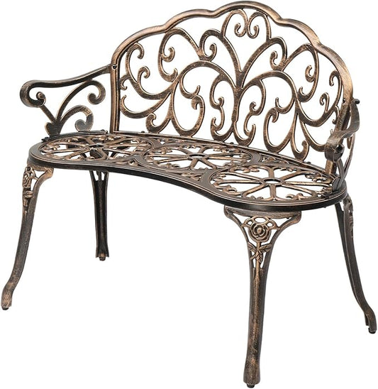 VINGLI 38.5" Patio Park Garden Outdoor Metal Rose Bench, 2-Person Cast Iron Cast Aluminium Frame Antique Finish Chair,Accented Lawn Front Porch Path Yard Decor Deck Furniture (Bronze, Butterfly)