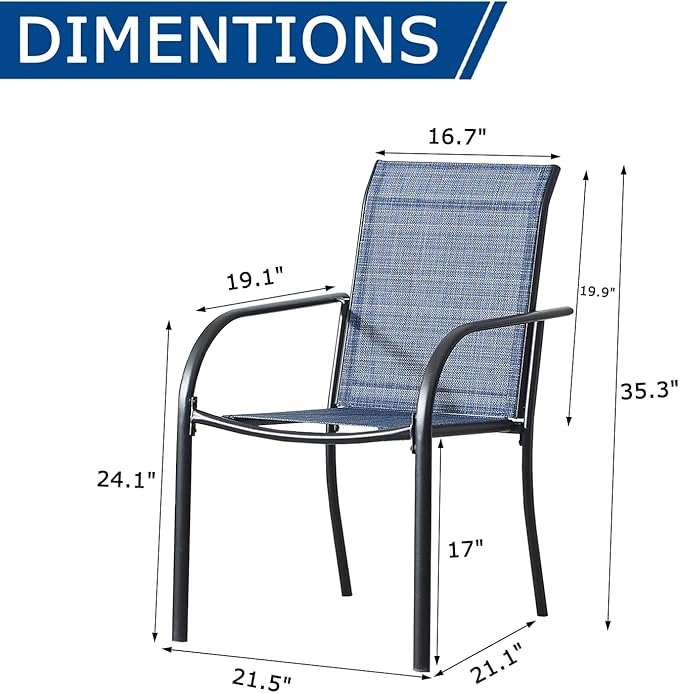 Outdoor Patio Dining Chairs Set of 6, Lightweight Stackable Patio Chairs with Curved Armrests & Wide Seat, Heavy Duty 300 lbs Capacity, Garden Chairs for Backyard, Deck, Poolside, Blue