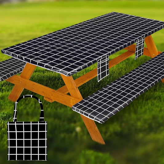 Picnic Table Cover with Bench Covers Vinyl Elastic Edges Fitted Rectangle Seat Tables Waterproof 3-Piece96X30in Set Outdoor Rectangular Folding Backing Tablecloth for Camping Over Size