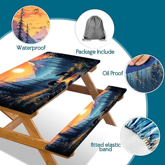3PCS Picnic Table Cover with Bench Cover Bear Forest Sunset Pattern Camping Tablecloth Fitted Picnic Table Cover with Elastic Windproof Waterproof, Outdoor & Garden Camping Accessories 72IN