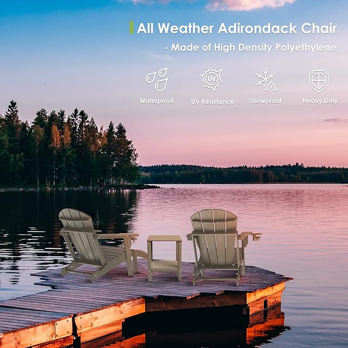 GREENVINES Folding-Adirondack-Chair-Set-of-4 | Wood Grain | HDPE Plastic | Fire Pit Chairs | All Weather | Cup Holder | Desert Brown | for Deck Backyard Patio Outdoor
