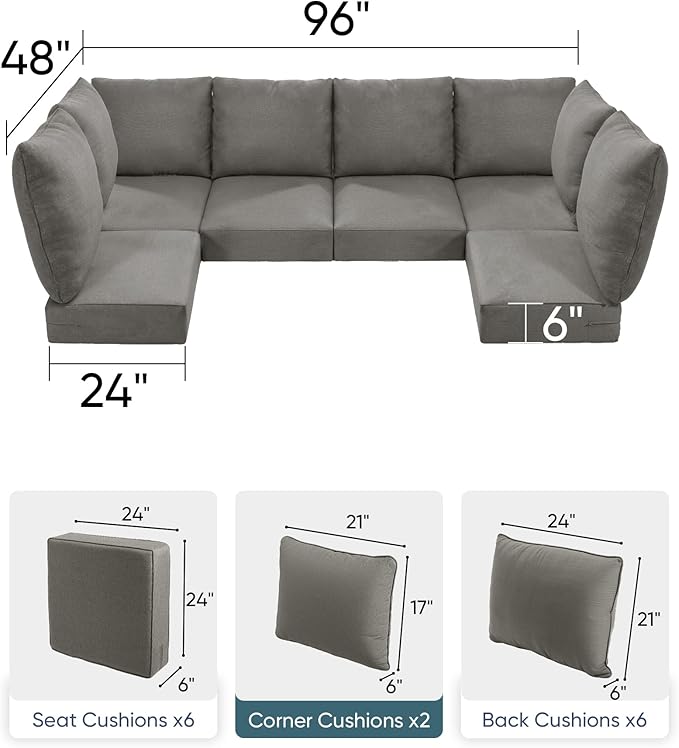 Luxury 24x24x6 Outdoor Seat Cushions for 6-Seat Sectional Sofa Set of 6 - Water-Repellent 14-Piece Patio Chair Cushion for Outside Rattan Wicker Loveseat Glider L-Shape Couch - Grey/Classic