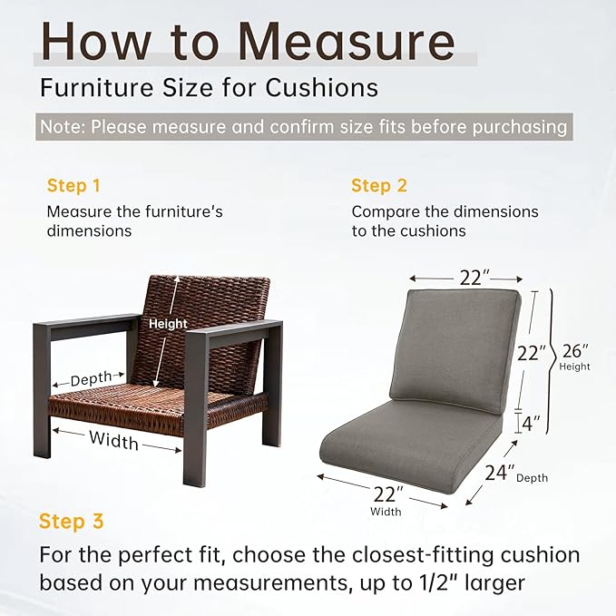 Belord Luxury 4" Thick Regular Outdoor Cushion Set - 22 x24 Inch 28D Sponge Filling Fade-Resistant Chair Cushions, Spill Proof Removable Patio Furniture Replacement Cushion for Sofa Bench - Grey