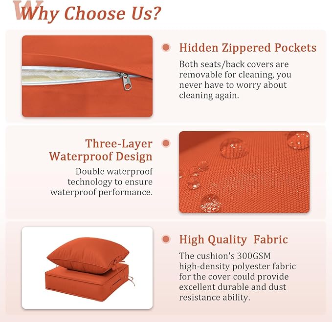 Outdoor Patio Chair Cushions Set 19 L X 19 W X 4 H Inch Waterproof & Fade Resistant Deep Seat and Back Cushions with Removable Covers Outdoor Seat Cushion Set for Chairs and Sofas