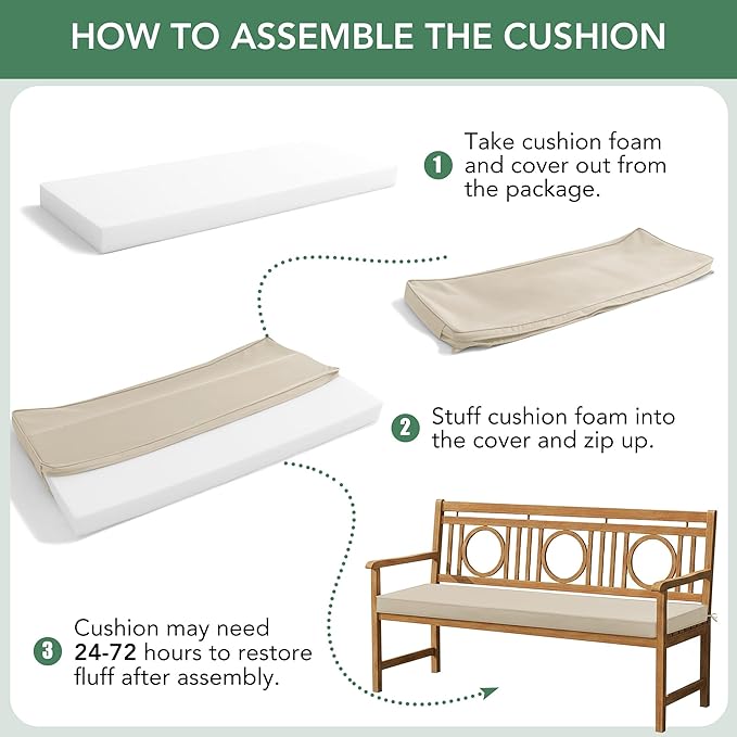 Outdoor Bench Cushion: Waterproof and Fade Resistant Patio Furniture Cushions - Non-Slip Bench Pad Cushion with Removable Cover for Garden Swing Porch Sofa Settee, 48 x 18 x 3 Inch, Beige
