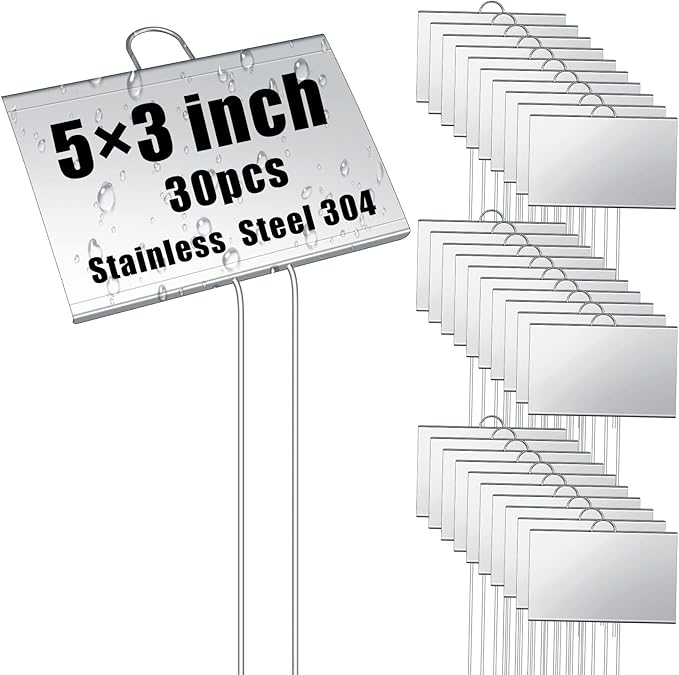 Landhoow 30 Pcs Large Garden Plant Markers Metal Plant Labels Sign 5'' x 3'' with 11'' Stake Weatherproof Waterproof Garden Sign for Outdoor Seedlings Herbs Vegetable Greenhouse, Sliver
