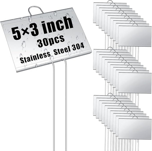 Landhoow 30 Pcs Large Garden Plant Markers Metal Plant Labels Sign 5'' x 3'' with 11'' Stake Weatherproof Waterproof Garden Sign for Outdoor Seedlings Herbs Vegetable Greenhouse, Sliver