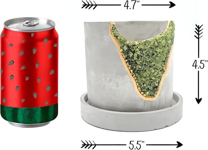 4 Inch Crystal Plant Pot with Saucer - Cement Geode Planter - Concrete Pots for Plants - Modern Succulent Pot Indoor - Unique Air Plant Holder - Candle Holder - Small Plant Home Decor (Green Peridot)