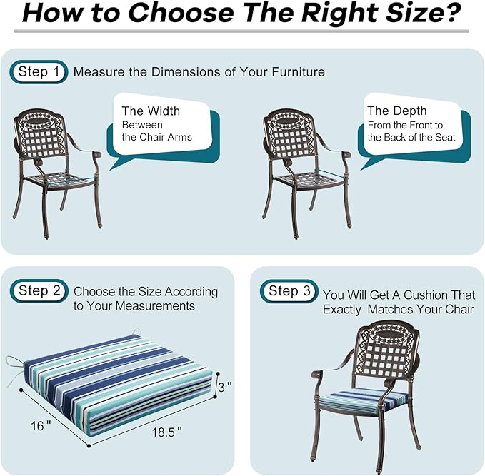 Basic Beyond Outdoor Chair Cushions Set of 4, Square Corner Outdoor Cushions for Patio Furniture, Water Resistant Patio Chair Cushions with 2 Ties, 18.5x16x3, Pinstriped Blue