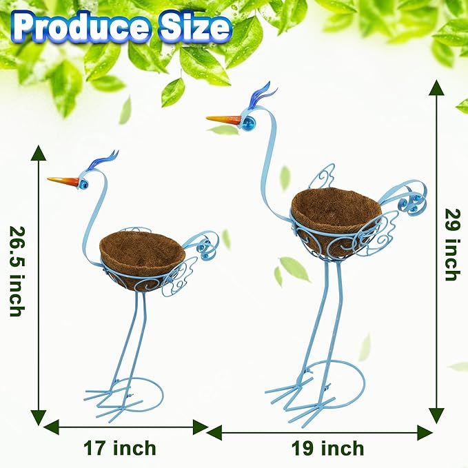J-Fly 2 Sets Pelican Metal Flowers Plant Holders Stand with Coconut Pots, Plants Stand Indoor Flower Pots Outdoor, Room Home Living Room Front Outdoor Patio Decor, Gardening Valentine Decoration Gifts