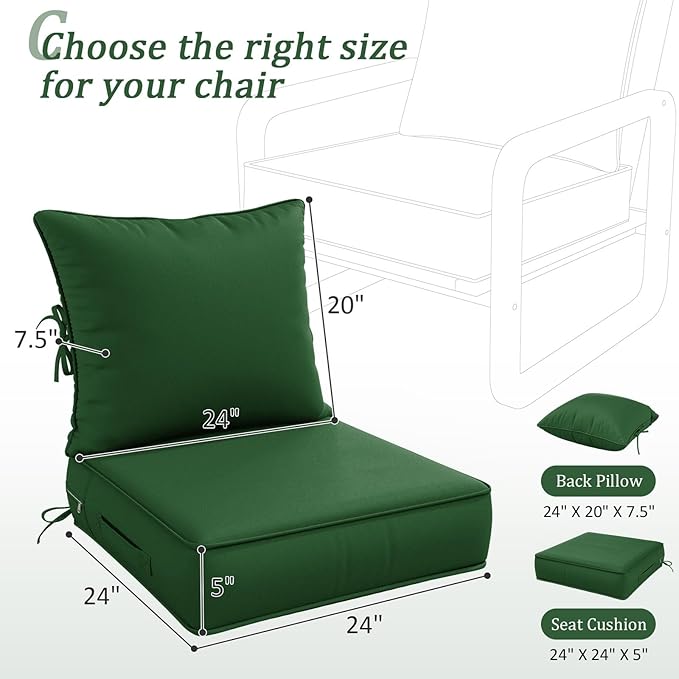Outdoor Patio Chair Cushions Set 24 L X 24 W X 5 H Waterproof & Fade Resistant Deep Seat and Back Cushions with Removable Covers Outdoor Seat Cushion Set for Chairs and Sofas