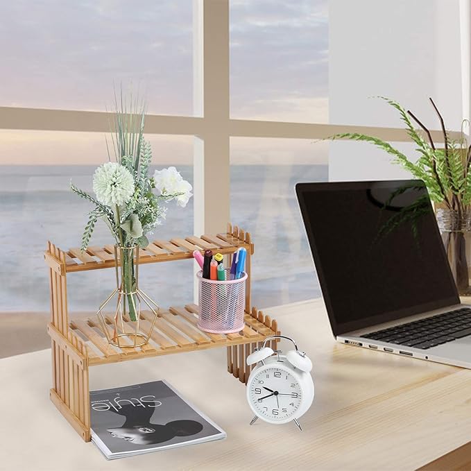 14.6"/18.5" 2 Tiers Bamboo Plant Stand Shelf,Desk Flower Pot Holder,Adjustable Desktop Shelf Display Organizer Ladder Rack for Office Decorate Storage Rack,Kitchen Rack (14.6" Length)