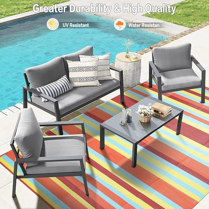 HUGEAR Outdoor Waterproof Rug 6'x9' Plastic Straw Rugs Washable Reversible Floor Mat Rainbow Stripe Carpet for Camping RV Deck Entryance Porch Picnic Balcony Beach Backyard